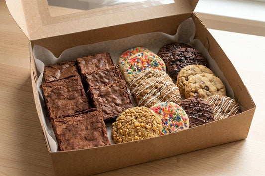 The Zen Zone Cookie & Brownie Box by Sunflour Baking Company sits on a wooden table with sprinkle sugar and chocolate-drizzled treats.