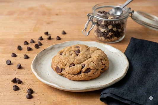 The Sunflour Baking Company Double Chocolate Chip Cookie, served on a ceramic plate with scattered chips and oats in the background.