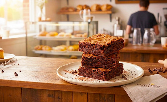 Brawny Brownies by Sunflour Baking Company stacked on a plate, with pastries and custom bakery orders in the background.