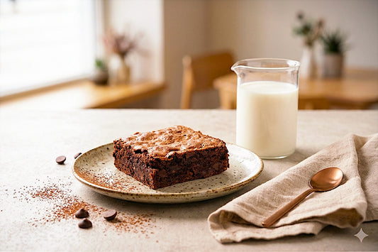 A Brawny Brownie by Sunflour Baking Company sits on a plate beside milk, a gold spoon, and a beige napkin.