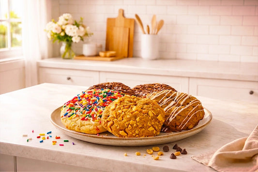 A plate of Colossal Cookies by Sunflour Baking Company sits on a kitchen counter with flowers and utensils in the background.