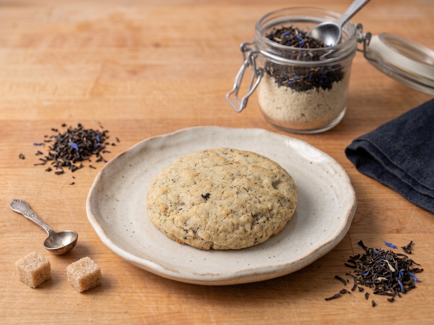 An Earl Grey Cookie by Sunflour Baking Company, served on a plate with tea leaves and sugar cubes—ideal for tea lovers.