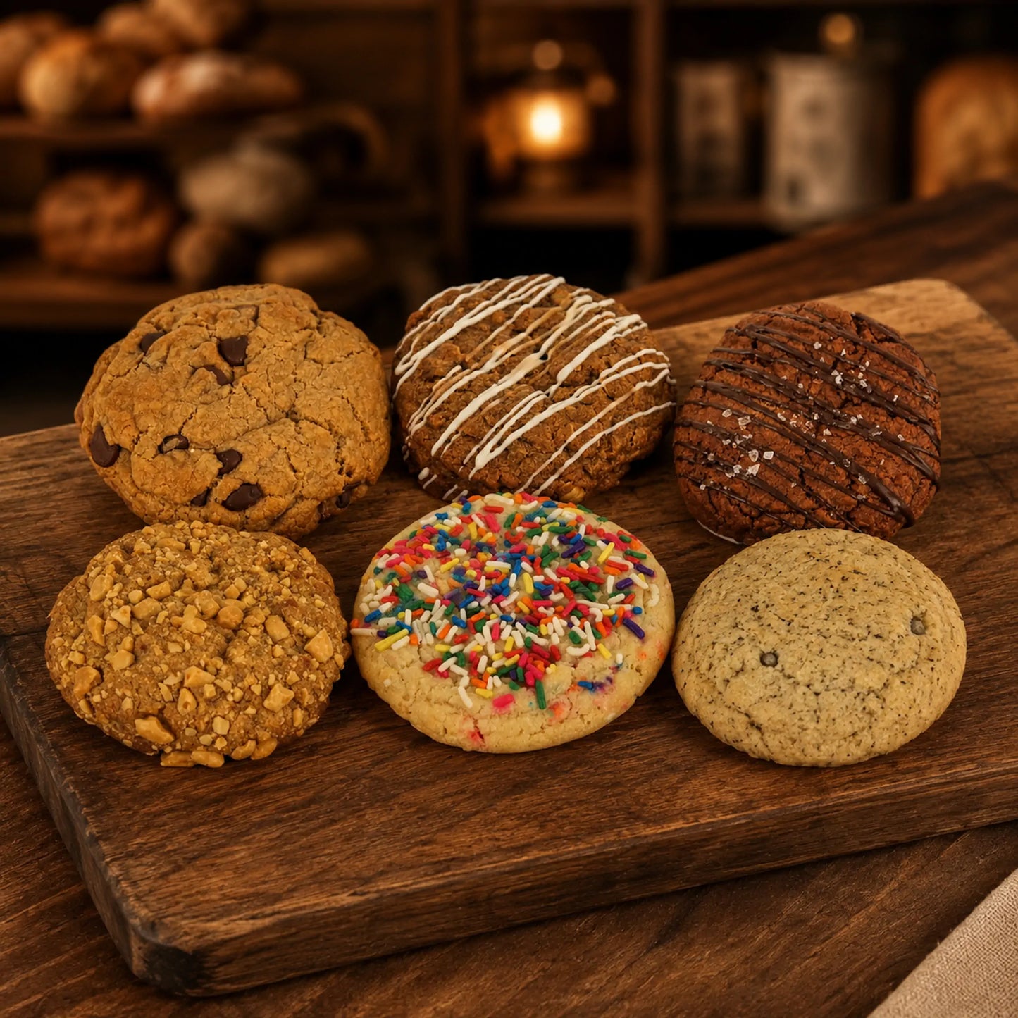 Savor the Sunflour Baking Company Assorted Dessert Box: six cookies beautifully arranged on a wooden board for rustic charm.