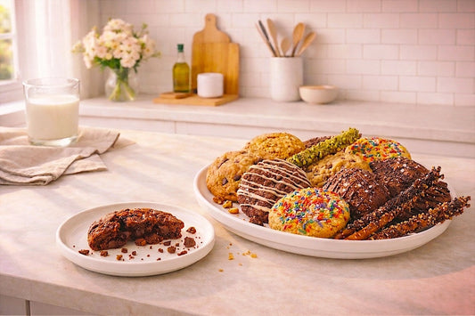 A Sunflour Baking Company Ohhhh Zone Cookie & Pretzel Box sits by a glass of milk, with one cookie on a small plate.