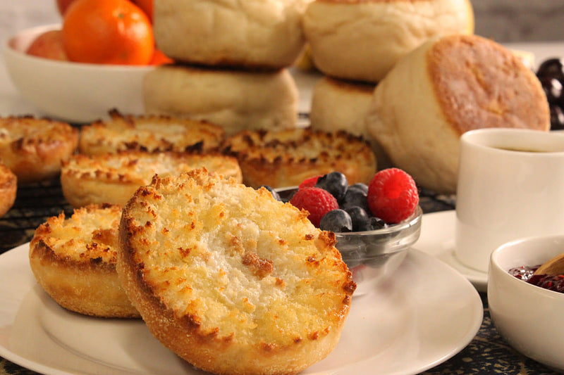 Sunflour Baking Company sourdough English muffins, fresh-baked and split open.