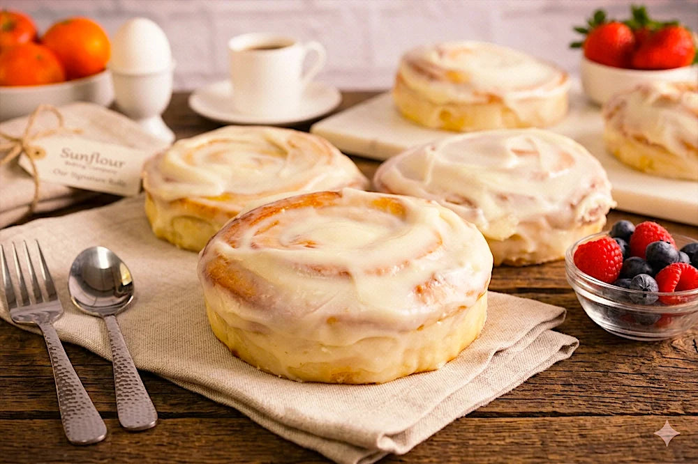 Sunflour Baking Company cinnamon rolls with cream cheese frosting, ready to ship.