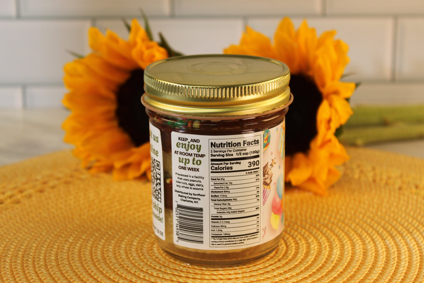 Classic Birthday Cake Jar by Sunflour Baking Company—ideal for gifts or cake jar delivery, shown with gold lid and nutrition facts.