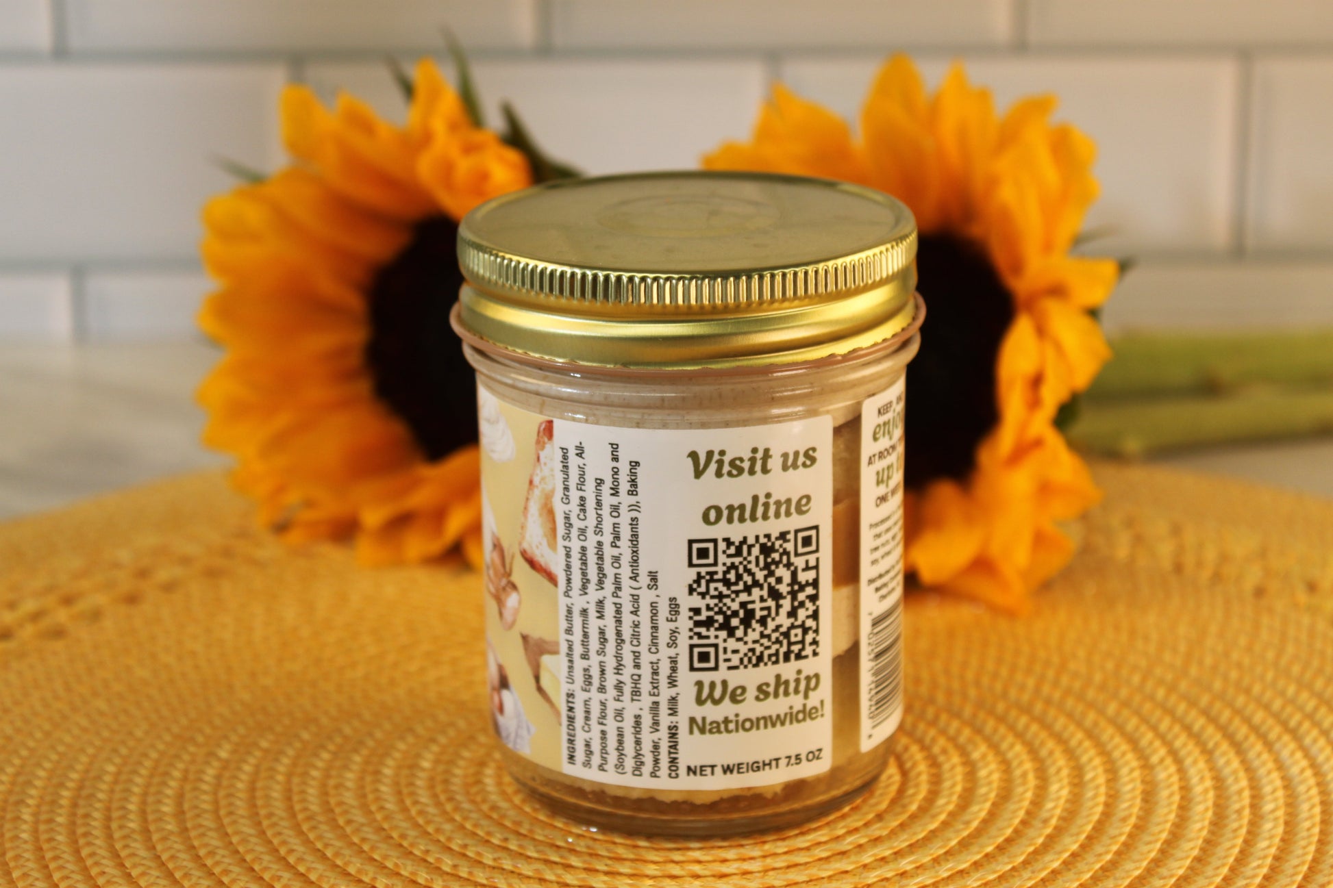 The Sunflour Baking Company French Toast Cake Jar with a gold lid is perfect for brunch dessert or French toast cake treats.