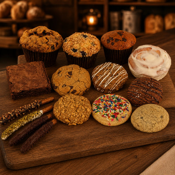 Delight in Sunflour Baking Company's Assorted Dessert Box—muffin, cookie, brownie, cinnamon roll & choc-dipped pretzels. Ships nationwide!.