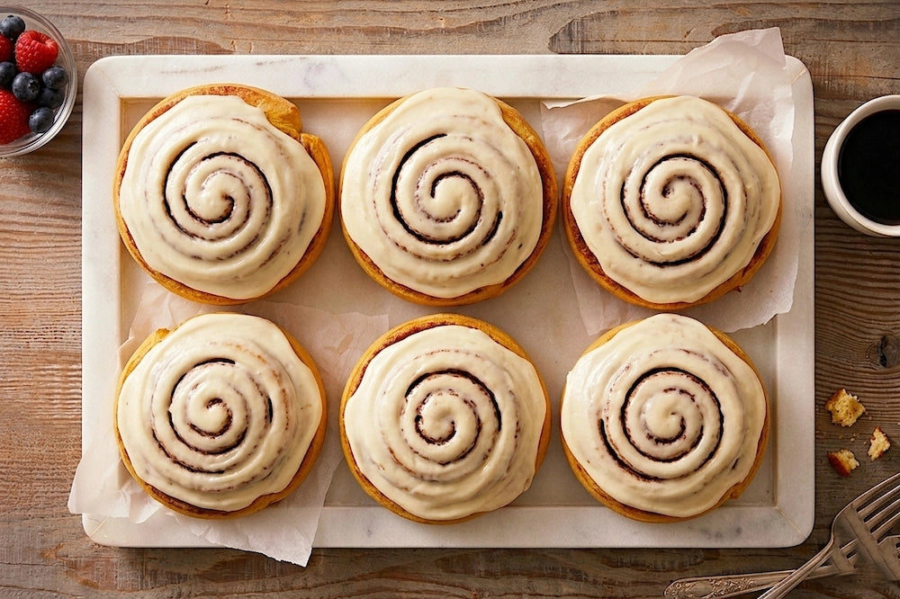 Six fresh-baked Sunflour Baking Company Cinnamon Rolls with white icing, served with coffee and berries—great for gifting.