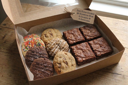 The Sunflour Baking Company Zen Zone Cookie & Brownie Box features 6 cookies and 4 brownies, attractively packaged with a tag.