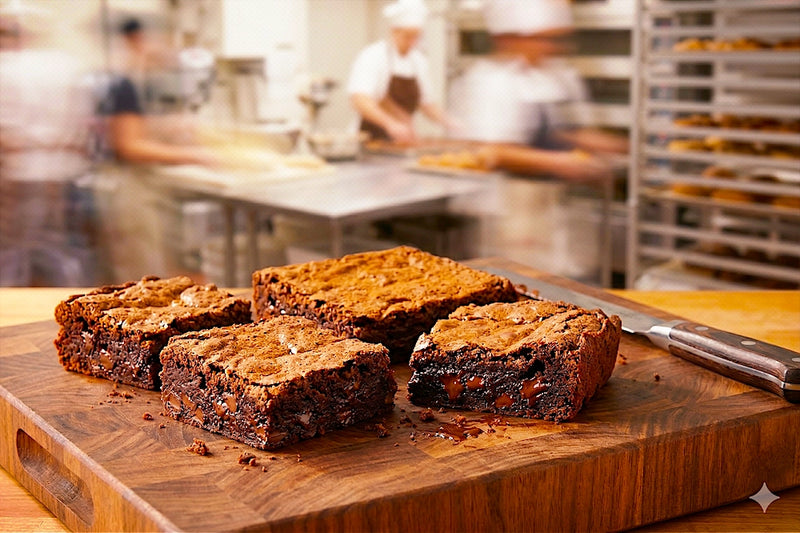 Four Brawny Brownies by Sunflour Baking Company on a wooden board with a knife, bakery kitchen blurred in the background.