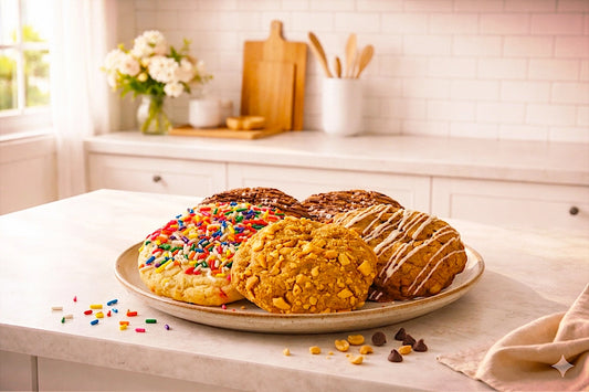 A plate of Colossal Cookies by Sunflour Baking Company sits on a marble counter, with flowers and utensils adding charm.