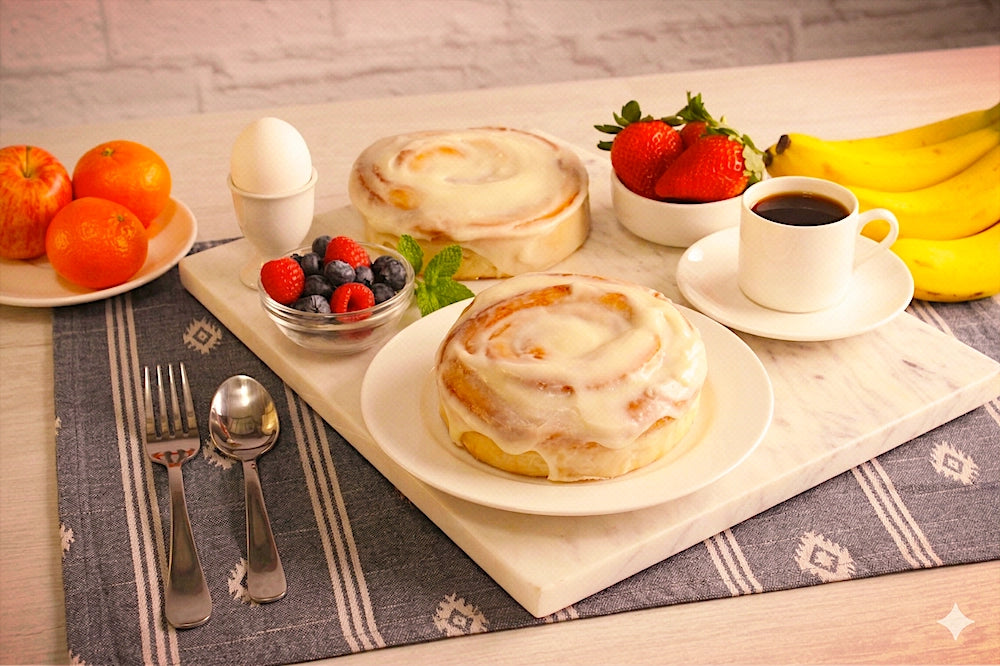 Enjoy Sunflour Baking Company’s Cinnamon Rolls with fruit, a boiled egg, and coffee—shipped nationwide.