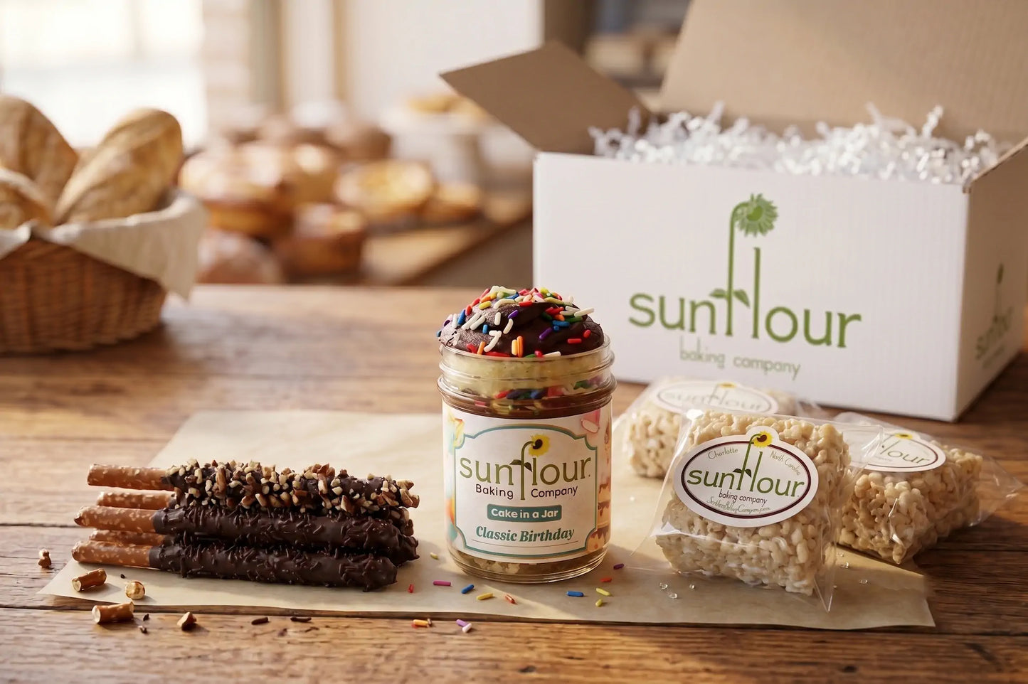 A Birthday Dessert Box from Sunflour Baking Company features a cake jar, chocolate-dipped pretzels, and rice crispy treats.
