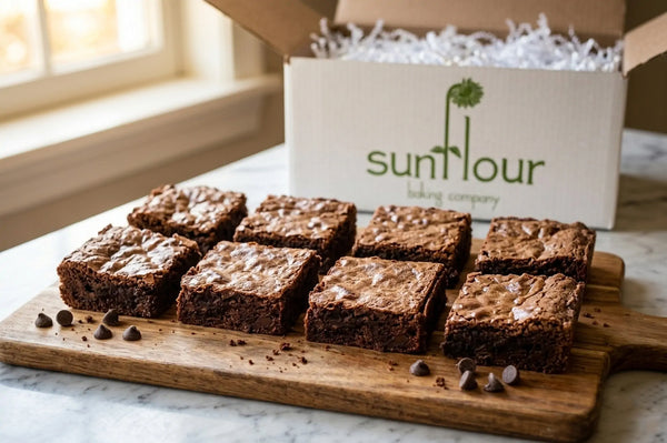 Eight chocolate chip brownies on a board beside an open Sunflour Baking Company Brownie Gift Box—now shipping nationwide.