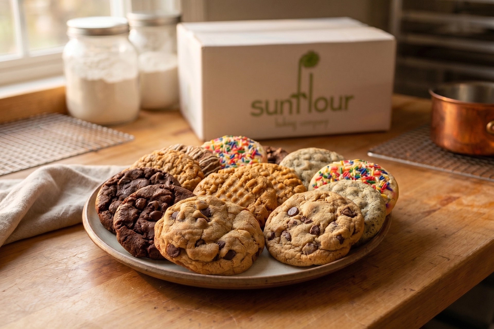 A plate of thick cookies sits on a wooden counter, with a Sunflour Baking Company Gourmet Cookie Gift Box in the background.