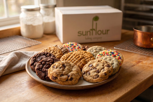 A plate of thick cookies sits on a wooden counter, with a Sunflour Baking Company Gourmet Cookie Gift Box in the background.