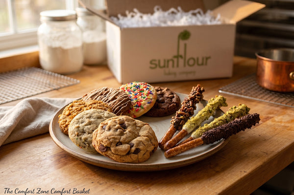 A plate of cookies and chocolate pretzels sits near a Sunflour Baking Company Cookie Gift Basket on a wooden counter.