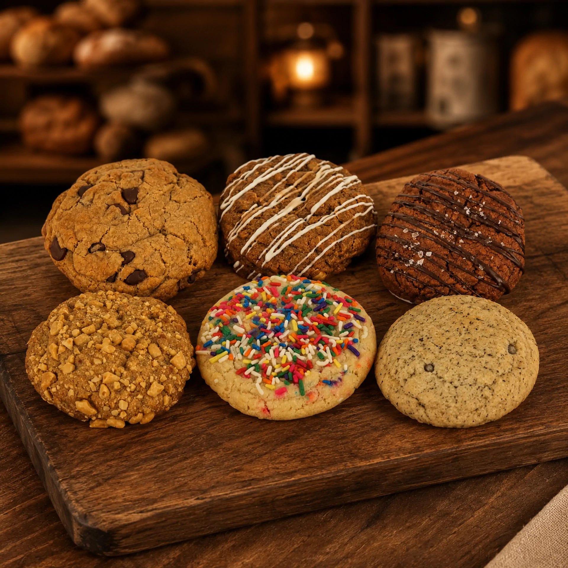 Savor the Sunflour Baking Company Assorted Dessert Box: six cookies beautifully arranged on a wooden board for rustic charm.
