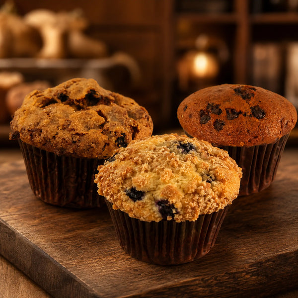 Sunflour Baking Company’s Assorted Dessert Box features three muffins with chocolate chips and crumb topping on a rustic wooden board.